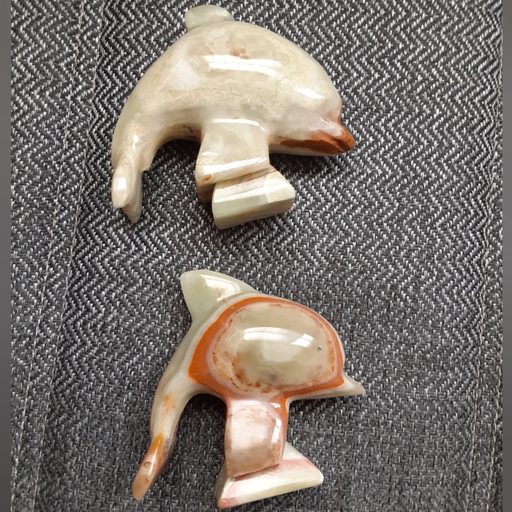 Green Onyx Marble Stone Set of Dolphin Figurine Hand Carved Standing Sculptures